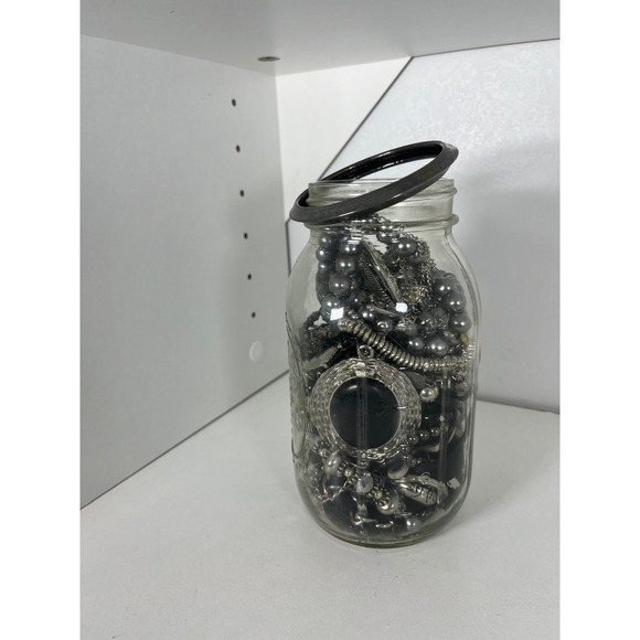Jewelry - Black and Silver Tone Mixed Costume Jewelry Lot in Mason Jar Assorted Bundle